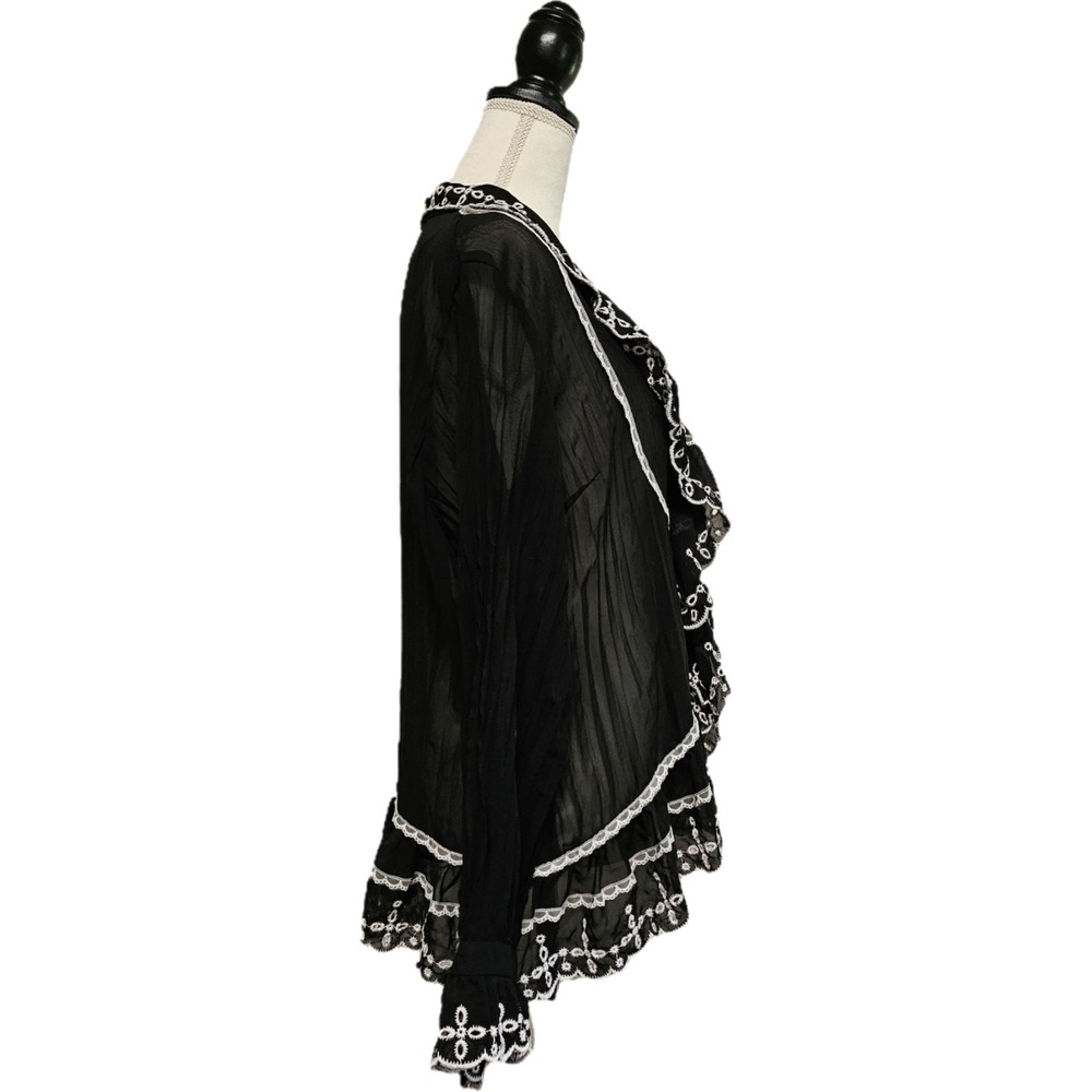 NY Collection Black Ruffle Sheer Blouse with White Embroidery - Picture 2 of 8